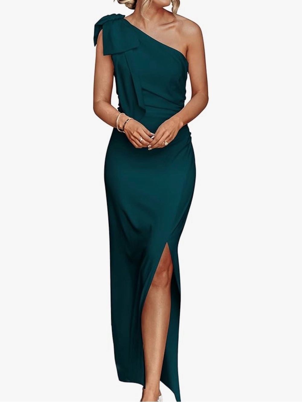 Elegant One-Shoulder Teal Evening Gown with Side Slit